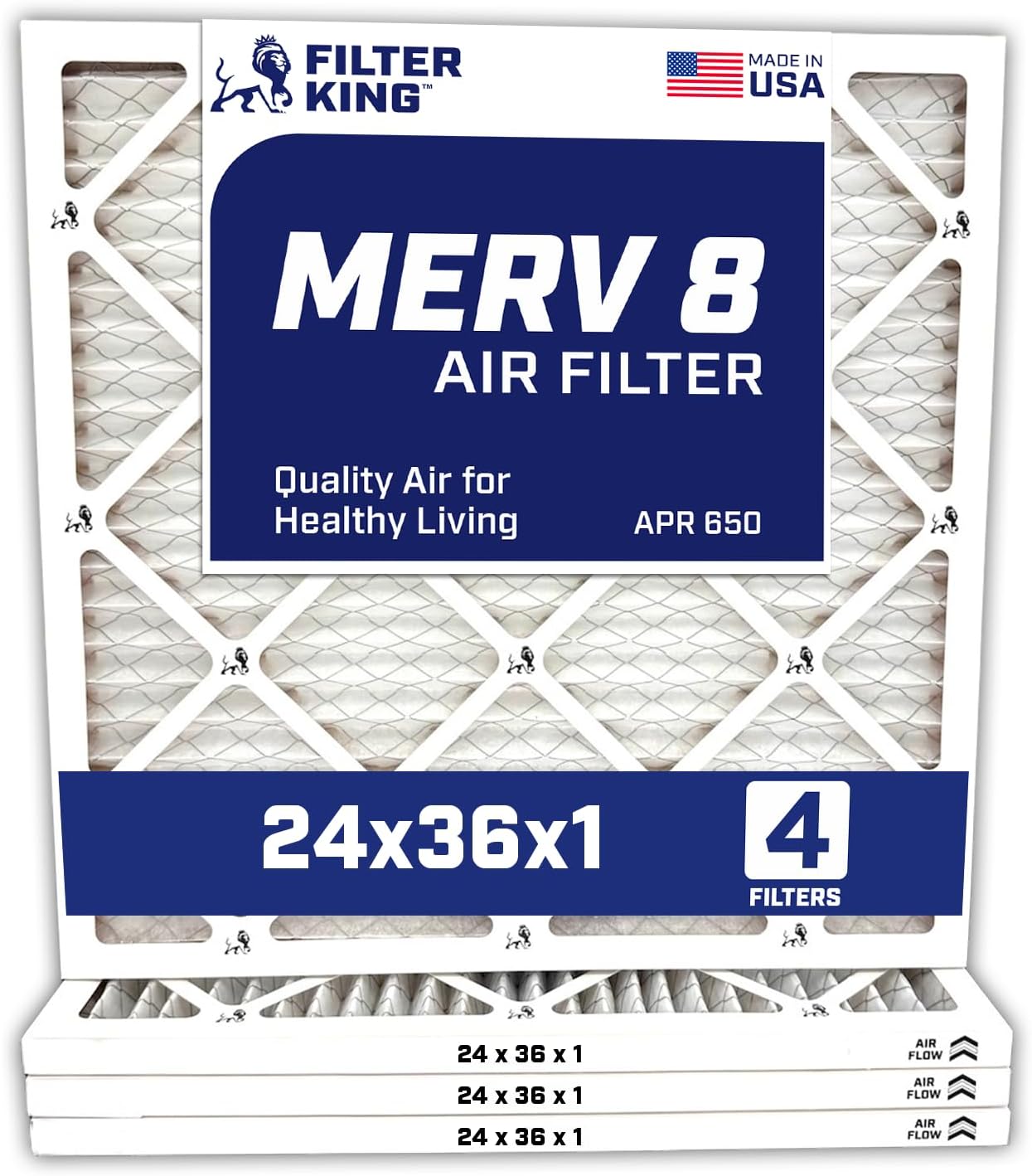 Filter King 24x36x1 Air Filter | 4-PACK | MERV 8 HVAC Pleated A/C Furnace Filters | MADE IN USA | Actual Size: 23.5 x 35.5 x .75″ – FB24X36 – 4 WholesaleHVACDirect
