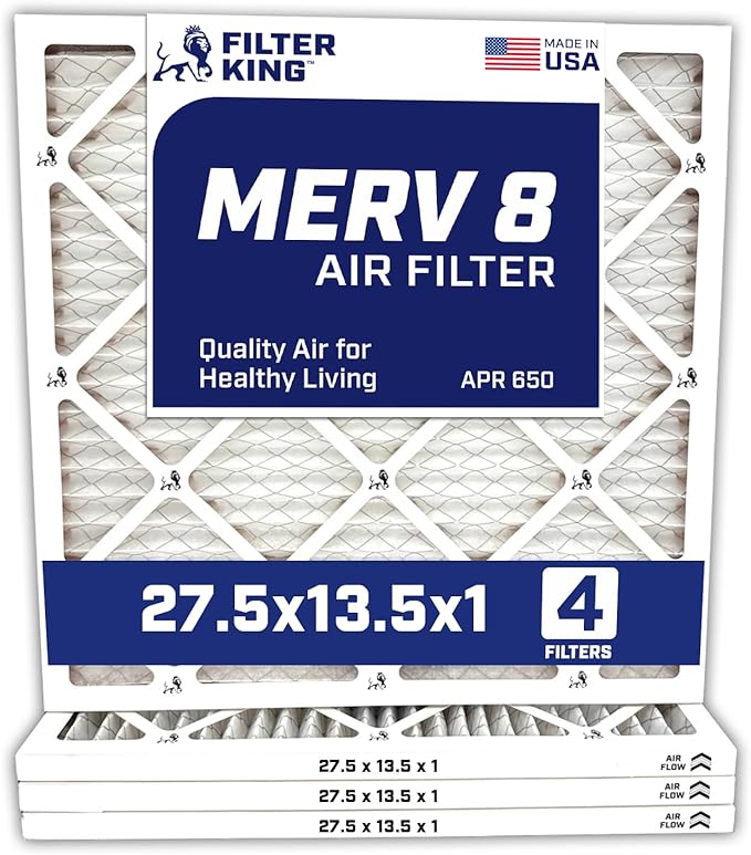 Filter King 27.5×13.5×1 Air Filter | 4-PACK | MERV 8 HVAC Pleated A/C Furnace Filters | MADE IN USA | Actual Size: 27.5 x 13.5 x .75″ – FK27.5×13.5x1A-M8 -4 WholesaleHVACDirect