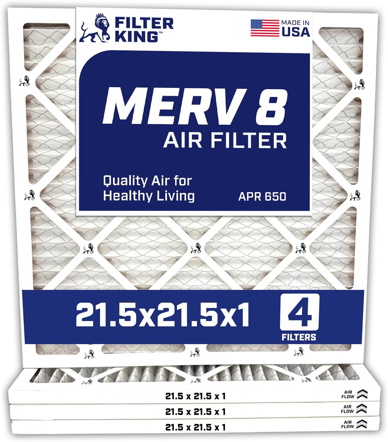 Filter King 21.5×21.5×1 Air Filter | 4-PACK | MERV 8 HVAC Pleated A/C Furnace Filters | MADE IN USA | Actual Size: 21.5 x 21.5 x .75″ WholesaleHVACDirect