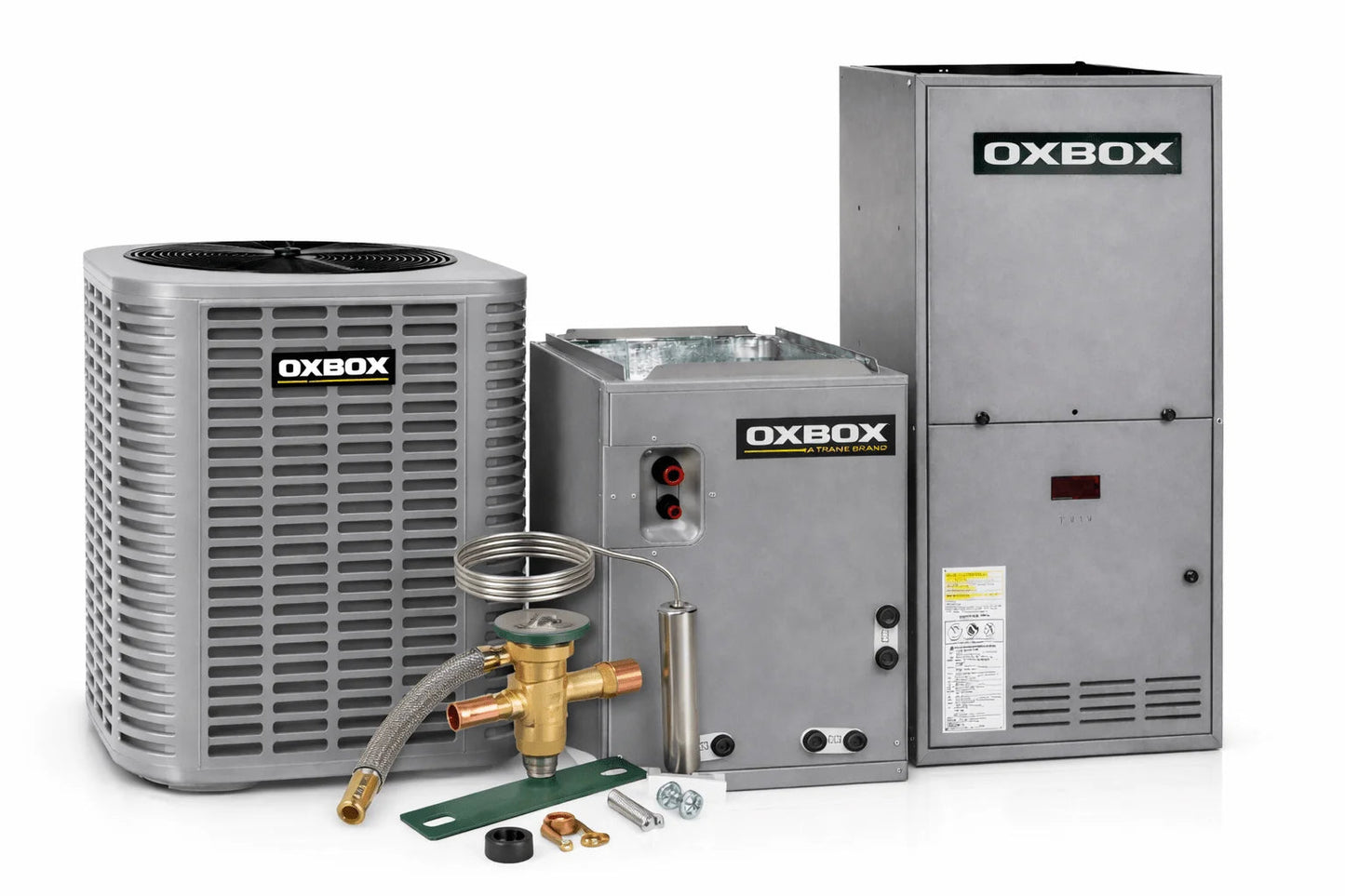 Oxbox 3 Ton 13.4 SEER2 R454B Air Conditioning System with A-Cabinet Cased Coil, TXV Kit & 60K BTU 80% AFUE Gas Furnace – J5AC3036A1000AA, J5MXCA003AC6HCA, J801V060AM3SE, 5AYTXVH3A1836A OXBOX BY TRANE
