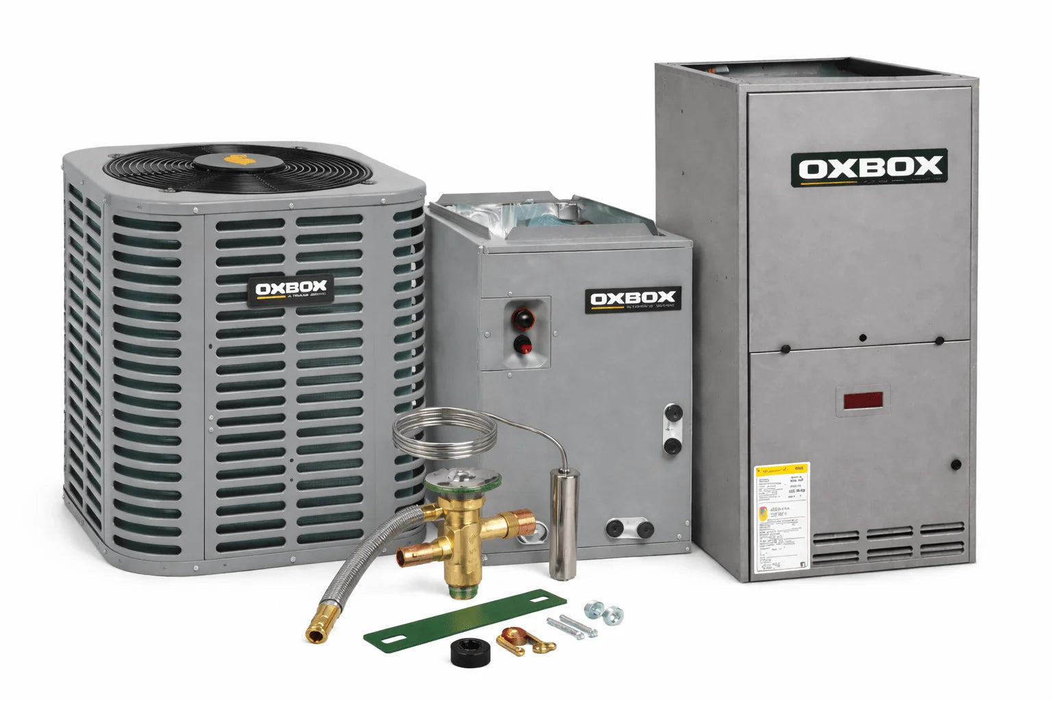Oxbox 3 Ton 13.4 SEER2 Air Conditioner System with 80K BTU 96% AFUE 2-Stage Gas Furnace & B-Cabinet TXV Cased Coil – R454B – J5AC3036A1000AA / J5MXCB016AC6HCA+TXV / J962V080BU3SA OXBOX BY TRANE