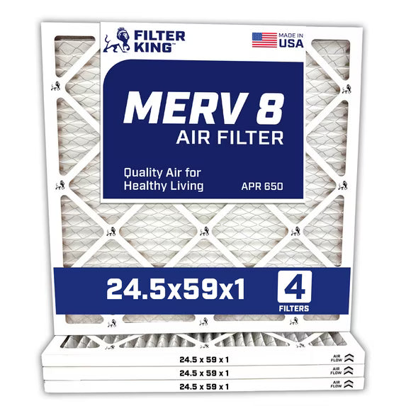 Filter King 24.5x59x1 Air Filter | 4-PACK | MERV 8 HVAC Pleated A/C Furnace Filters | MADE IN USA | Actual Size: 24.5 x 59 x .75″ – FK24.5x59x1A-M8 -4 WholesaleHVACDirect