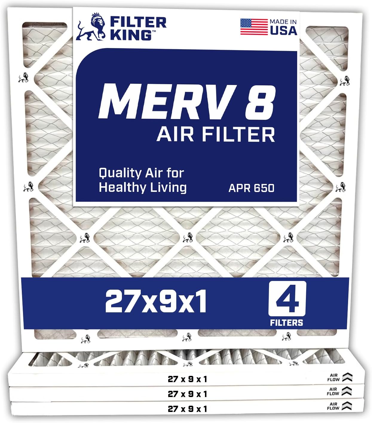 Filter King 27x9x1 Air Filter | 4-PACK | MERV 8 HVAC Pleated A/C Furnace Filters | MADE IN USA | Actual Size: 27 x 9 x .75″ WholesaleHVACDirect