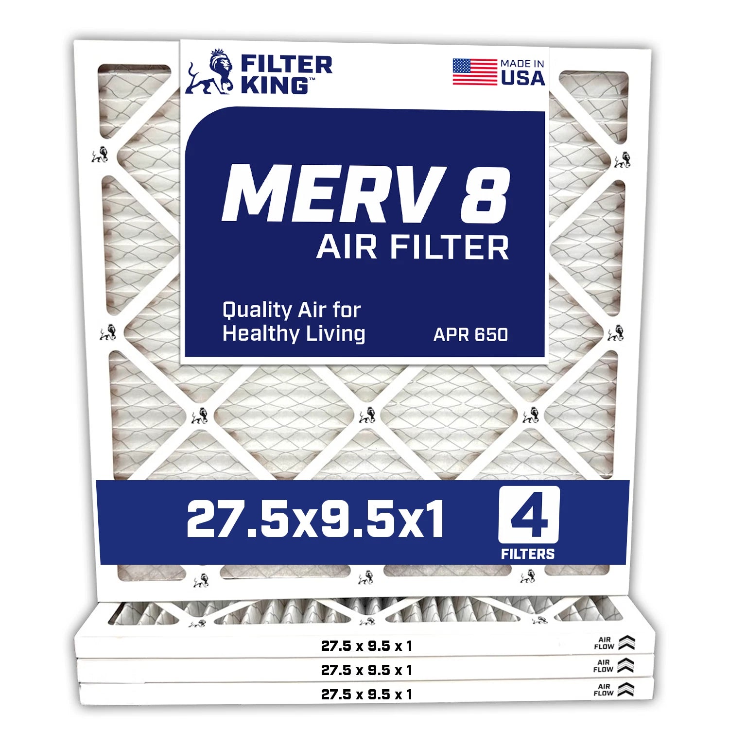 Filter King 27.5×9.5×1 Air Filter | 4-PACK | MERV 8 HVAC Pleated A/C Furnace Filters | MADE IN USA | Actual Size: 27.5 x 9.5 x .75″ WholesaleHVACDirect