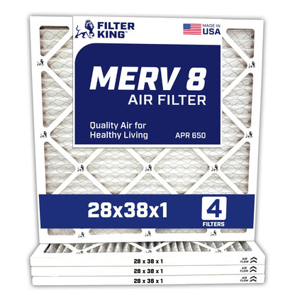 Filter King 28x38x1 Air Filter | 4-PACK | MERV 8 HVAC Pleated A/C Furnace Filters | MADE IN USA | Actual Size: 28 x 38 x .75″ Filter King