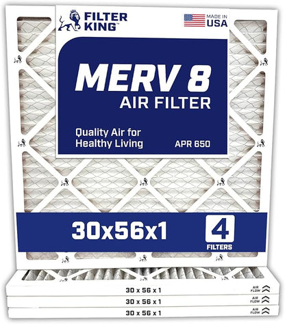 Filter King 30x56x1 Air Filter | 4-PACK | MERV 8 HVAC Pleated A/C Furnace Filters | MADE IN USA | Actual Size: 30 x 56 x .75″ WholesaleHVACDirect