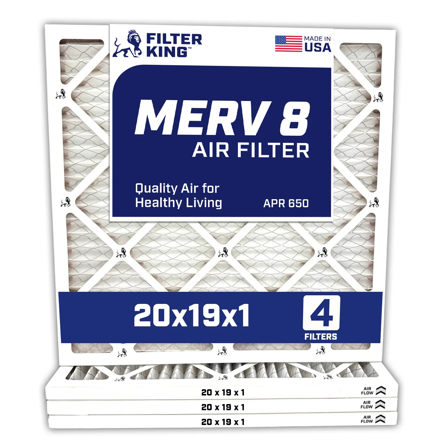 Filter King 20x19x1 Air Filter | 4-PACK | MERV 8 HVAC Pleated A/C Furnace Filters | MADE IN USA | Actual Size: 20 x 19 x .75″ – FK20x19x1A-M8 -4 WholesaleHVACDirect