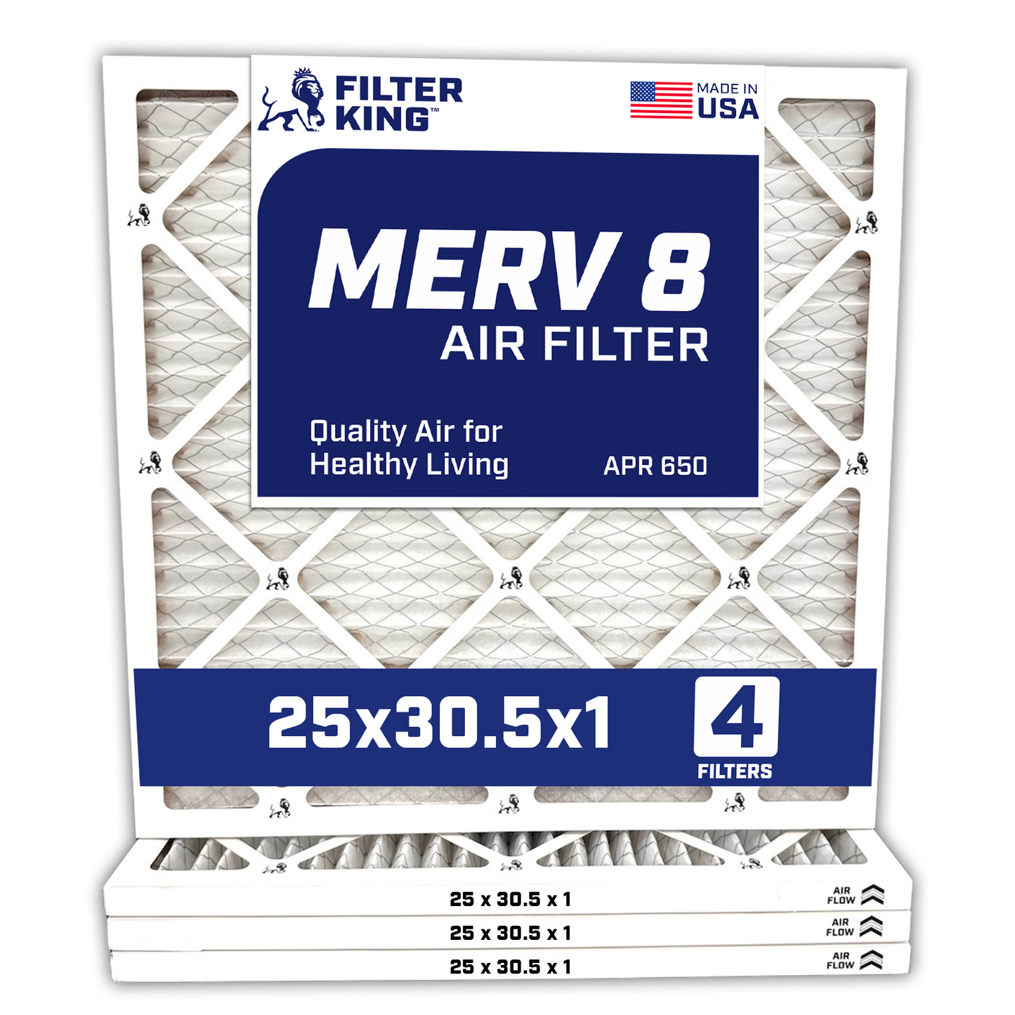 Filter King 25×30.5×1 Air Filter | 4-PACK | MERV 8 HVAC Pleated A/C Furnace Filters | MADE IN USA | Actual Size: 25 x 30.5 x .75″ – FK25x30.5x1A-M8 -4 WholesaleHVACDirect