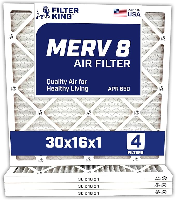 Filter King 30x16x1 Air Filter | 4-PACK | MERV 8 HVAC Pleated A/C Furnace Filters | MADE IN USA | Actual Size: 30 x 16 x .75″ WholesaleHVACDirect