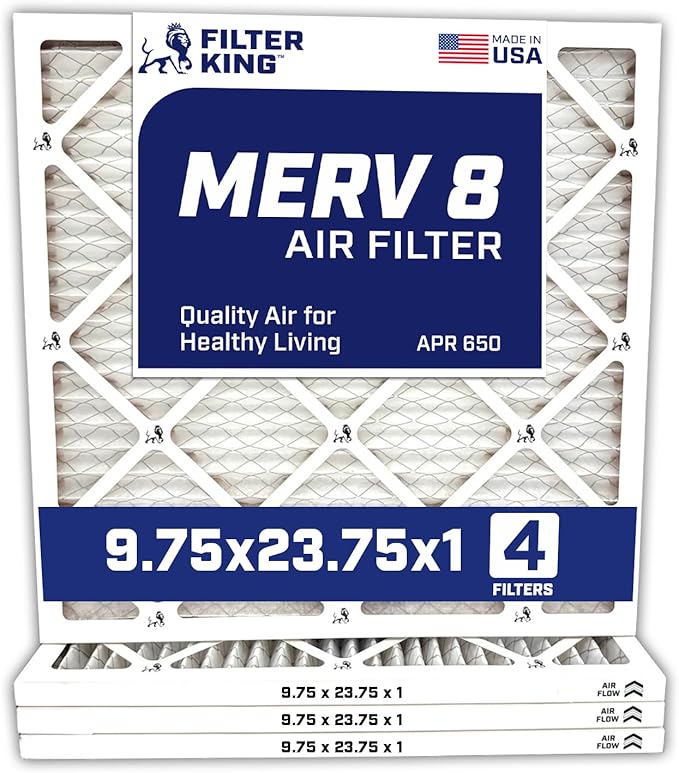 Filter King 9.75×23.75×1 Air Filter | 4-PACK | MERV 8 HVAC Pleated A/C Furnace Filters | MADE IN USA | Actual Size: 9.75 x 23.75 x .75″ – FB09.75X23.75A – 4 WholesaleHVACDirect