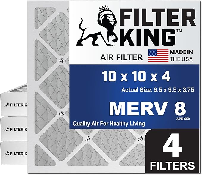 Filter King 10x10x4 Air Filter | 4-PACK | MERV 8 HVAC Pleated A/C Furnace Filters | MADE IN USA | Actual Size: 9.5 x 9.5 x 3.75″ – FB10X10X4 -4 WholesaleHVACDirect