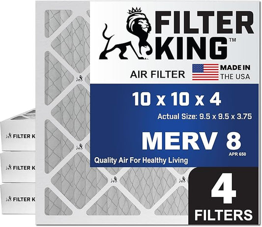 Filter King 10x10x4 Air Filter | 4-PACK | MERV 8 HVAC Pleated A/C Furnace Filters | MADE IN USA | Actual Size: 9.5 x 9.5 x 3.75″ – FB10X10X4 -4 WholesaleHVACDirect
