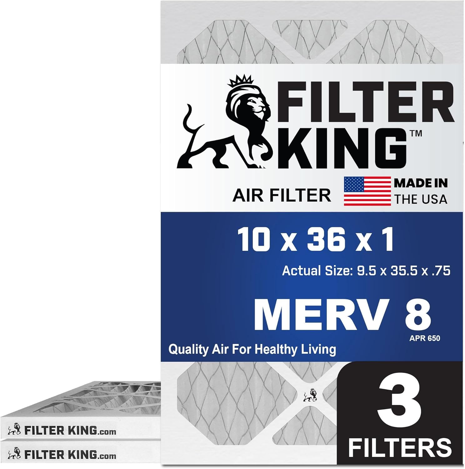 Filter King 10x36x1 Air Filter | 3-PACK | MERV 8 HVAC Pleated A/C Furnace Filters | MADE IN USA | Actual Size: 9.5 x 35.5 x .75″ – FB10X36 -3 WholesaleHVACDirect