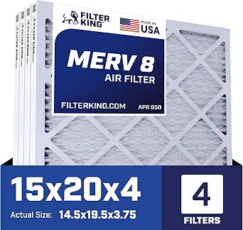 Filter King 15x20x4 Air Filter | 4-PACK | MERV 8 HVAC Pleated A/C Furnace Filters | MADE IN USA | Actual Size: 14.5 x 19.5 x 3.75" WholesaleHVACDirect