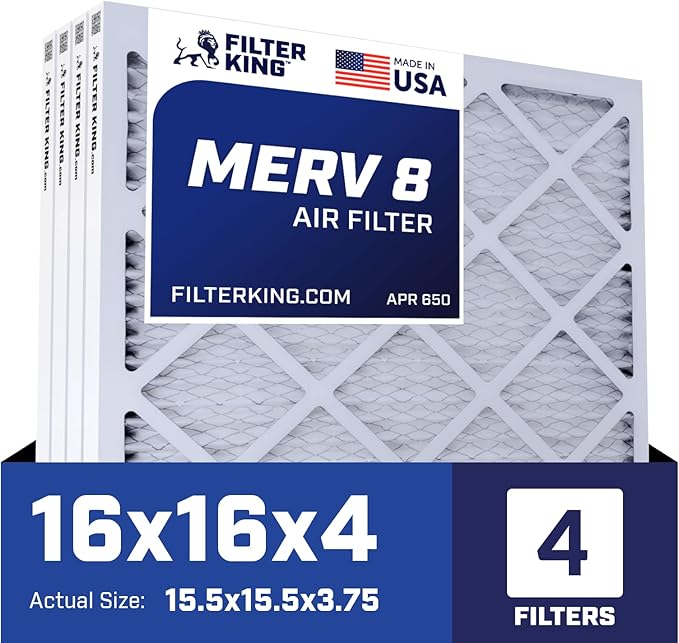 Filter King 16x16x4 Air Filter | 4-PACK | MERV 8 HVAC Pleated A/C Furnace Filters | MADE IN USA | Actual Size: 15.5 x 15.5 x 3.75" WholesaleHVACDirect