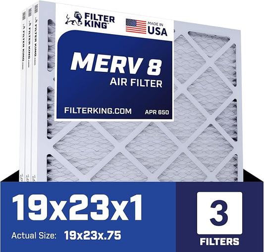 Filter King 19x23x1 Air Filter | 3-PACK | MERV 8 HVAC Pleated A/C Furnace Filters | MADE IN USA | Actual Size: 19 x 23 x .75" WholesaleHVACDirect