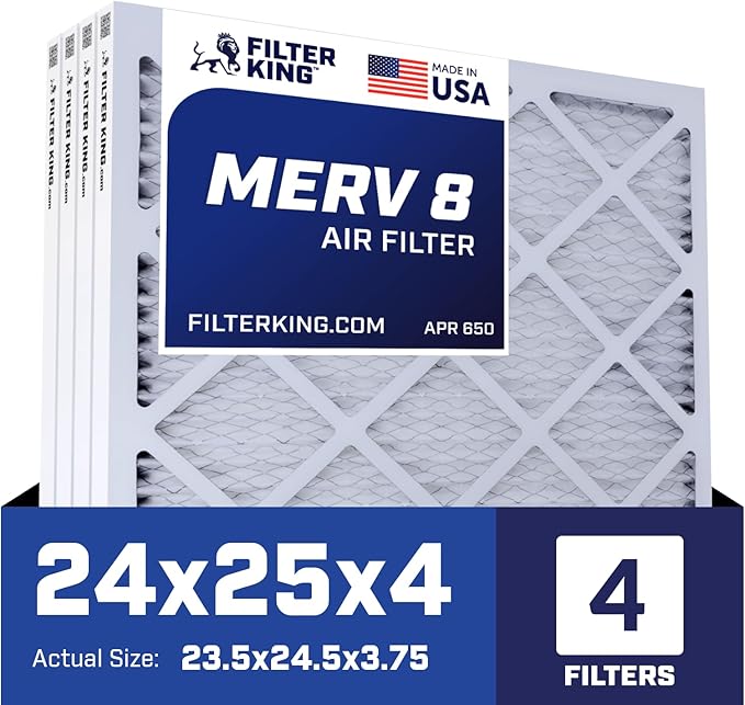 Filter King 24x25x4 Air Filter | 4-PACK | MERV 8 HVAC Pleated A/C Furnace Filters | MADE IN USA | Actual Size: 23.5 x 24.5 x 3.75″ – FB24X25X4 – 4 WholesaleHVACDirect