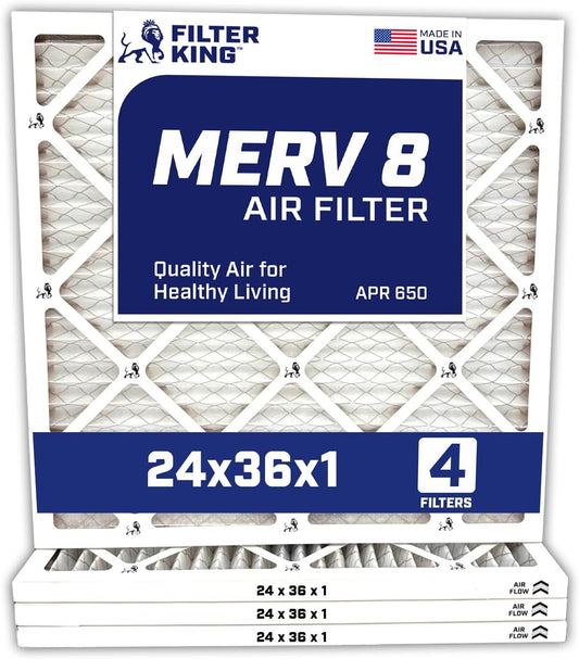 Filter King 24x36x1 Air Filter | 4-PACK | MERV 8 HVAC Pleated A/C Furnace Filters | MADE IN USA | Actual Size: 23.5 x 35.5 x .75" WholesaleHVACDirect