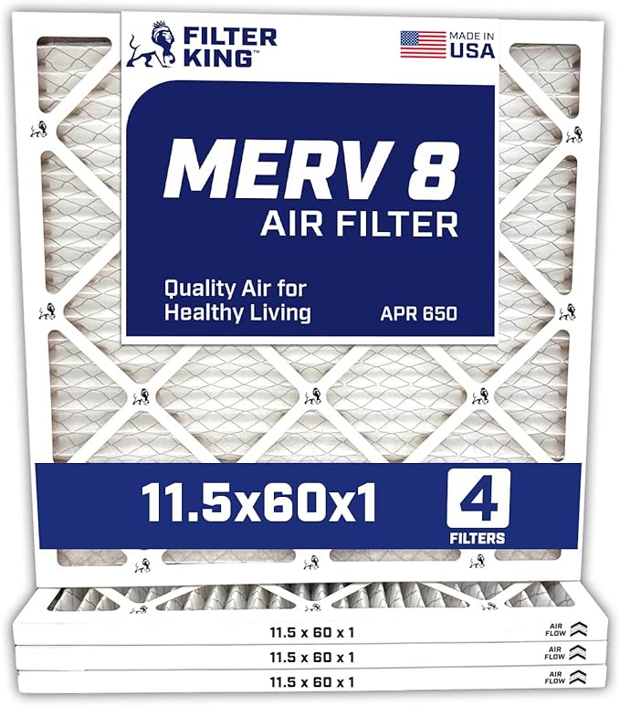 Filter King 11.5x60x1 Air Filter | 4-PACK | MERV 8 HVAC Pleated A/C Furnace Filters | MADE IN USA | Actual Size: 11.5 x 60 x .75″ – FK11.5x60x1A-M8-4 WholesaleHVACDirect