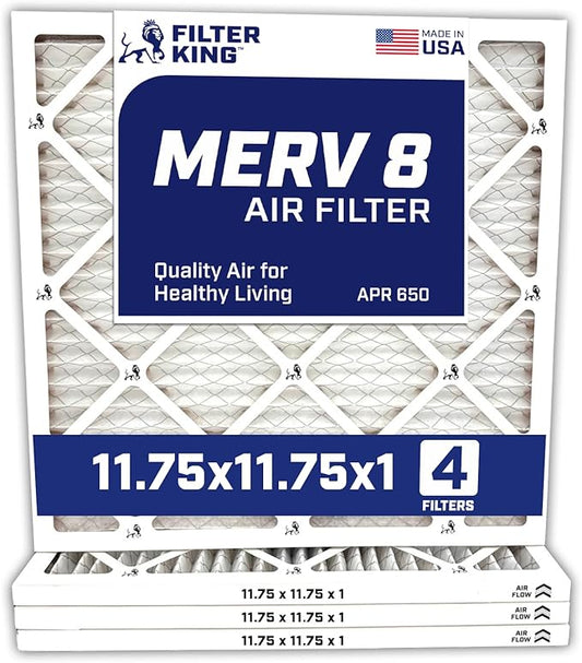 Filter King 11.75×11.75×1 Air Filter | 4-PACK | MERV 8 HVAC Pleated A/C Furnace Filters | MADE IN USA | Actual Size: 11.75 x 11.75 x .75″ WholesaleHVACDirect
