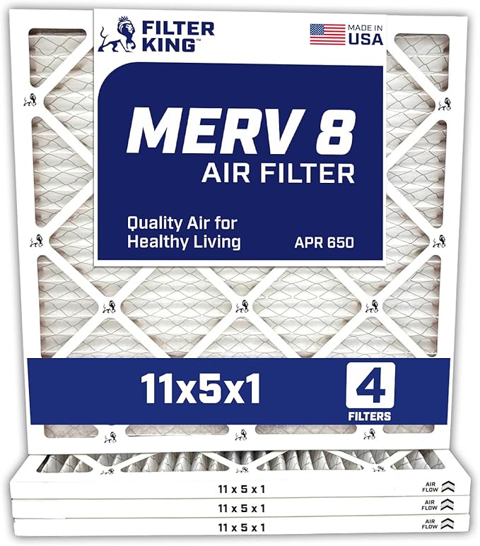 Filter King 11x5x1 Air Filter | 4-PACK | MERV 8 HVAC Pleated A/C Furnace Filters | MADE IN USA | Actual Size: 11 x 5 x .75″ – FK11x5x1A-M8-4 WholesaleHVACDirect