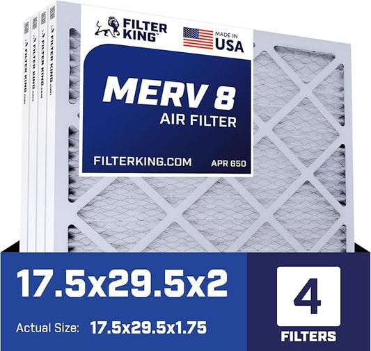 Filter King 17.5x29.5x2 Air Filter | 4-PACK | MERV 8 HVAC Pleated A/C Furnace Filters | MADE IN USA | Actual Size: 17.5 x 29.5 x 1.75" WholesaleHVACDirect