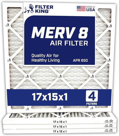 Filter King 17x15x1 Air Filter | 4-PACK | MERV 8 HVAC Pleated A/C Furnace Filters | MADE IN USA | Actual Size: 17 x 15 x .75″ – FK17x15x1A-M8 -4 WholesaleHVACDirect