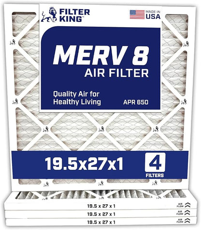Filter King 19.5x27x1 Air Filter | 4-PACK | MERV 8 HVAC Pleated A/C Furnace Filters | MADE IN USA | Actual Size: 19.5 x 27 x .75″ – FK19.5x27x1A-M8 -4 WholesaleHVACDirect