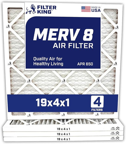 Filter King 19x4x1 Air Filter | 4-PACK | MERV 8 HVAC Pleated A/C Furnace Filters | MADE IN USA | Actual Size: 19 x 4 x .75″ – FK19x4x1A-M8 -4 WholesaleHVACDirect