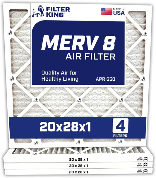 Filter King 20x28x1 Air Filter | 4-PACK | MERV 8 HVAC Pleated A/C Furnace Filters | MADE IN USA | Actual Size: 20 x 28 x .75" WholesaleHVACDirect