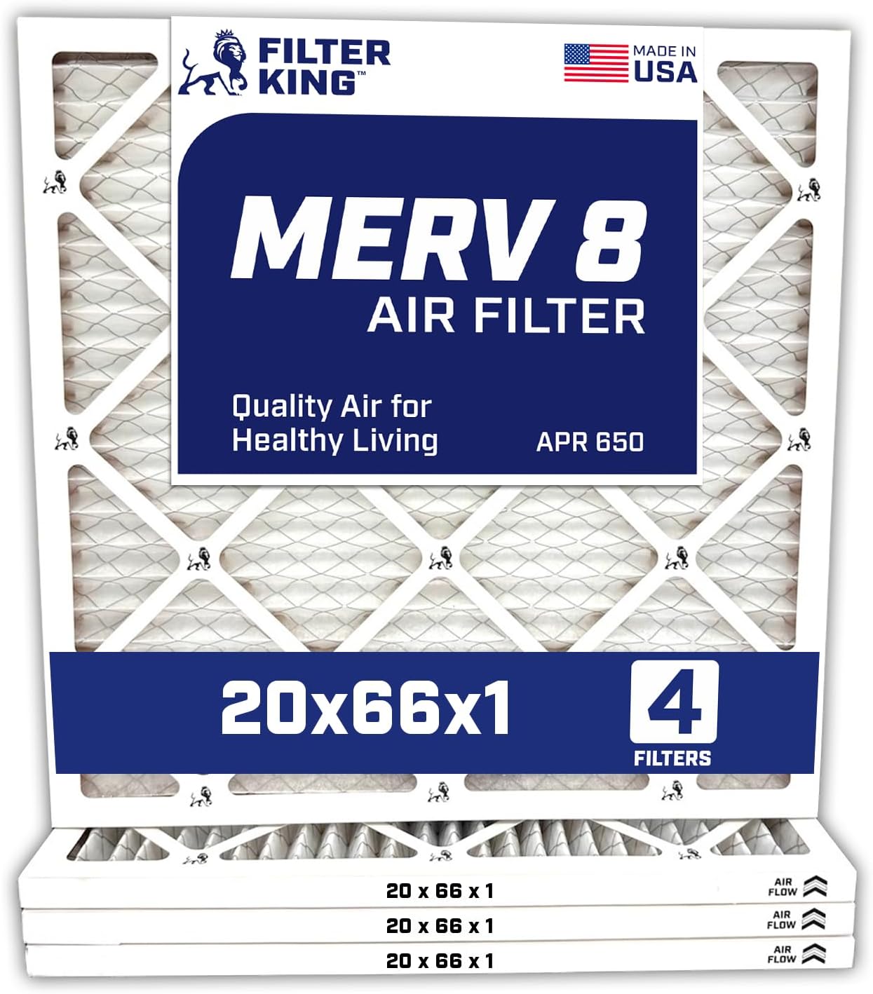 Filter King 20x66x1 Air Filter | 4-PACK | MERV 8 HVAC Pleated A/C Furnace Filters | MADE IN USA | Actual Size: 20 x 66 x .75" WholesaleHVACDirect