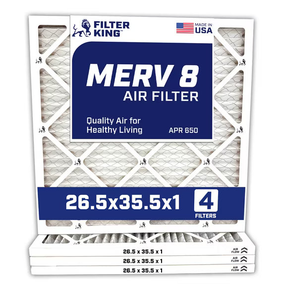 Filter King 26.5×35.5×1 Air Filter | 4-PACK | MERV 8 HVAC Pleated A/C Furnace Filters | MADE IN USA | Actual Size: 26.5 x 35.5 x .75″ – FK26.5×35.5x1A-M8 -4 WholesaleHVACDirect