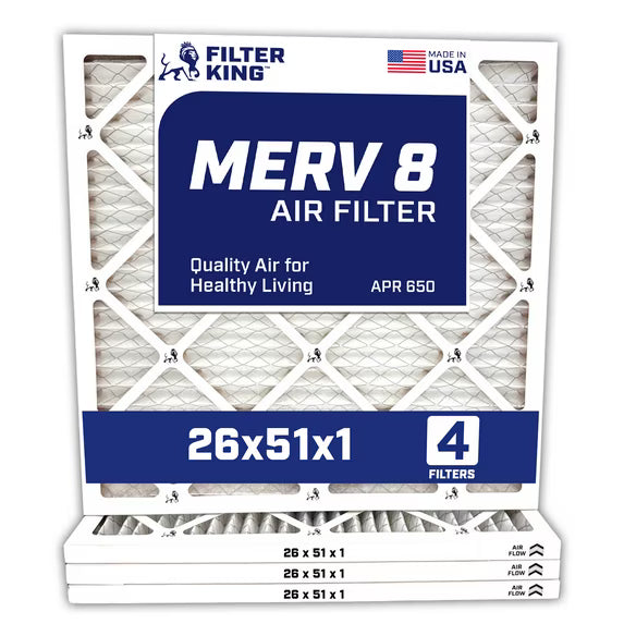 Filter King 26x51x1 Air Filter | 4-PACK | MERV 8 HVAC Pleated A/C Furnace Filters | MADE IN USA | Actual Size: 26 x 51 x .75″ – FK26x51x1A-M8 -4 WholesaleHVACDirect