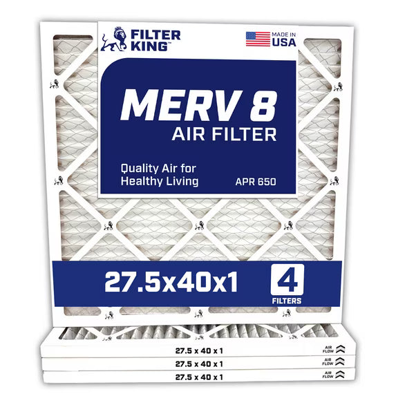 Filter King 27.5x40x1 Air Filter | 4-PACK | MERV 8 HVAC Pleated A/C Furnace Filters | MADE IN USA | Actual Size: 27.5 x 40 x .75″ – FK27.5x40x1A-M8 -4 WholesaleHVACDirect