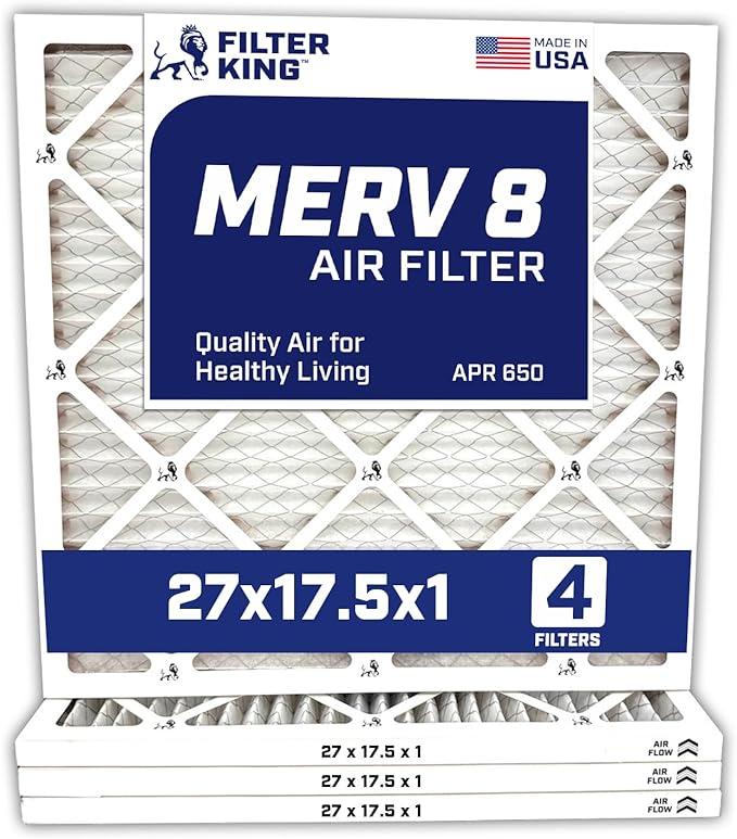 Filter King 27×17.5×1 Air Filter | 4-PACK | MERV 8 HVAC Pleated A/C Furnace Filters | MADE IN USA | Actual Size: 27 x 17.5 x .75″ – FK27x17.5x1A-M8 -4 WholesaleHVACDirect