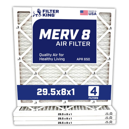Filter King 29.5x8x1 Air Filter | 4-PACK | MERV 8 HVAC Pleated A/C Furnace Filters | MADE IN USA | Actual Size: 29.5 x 8 x .75″ – FK29.5x8x1A-M8 -4 Filter King