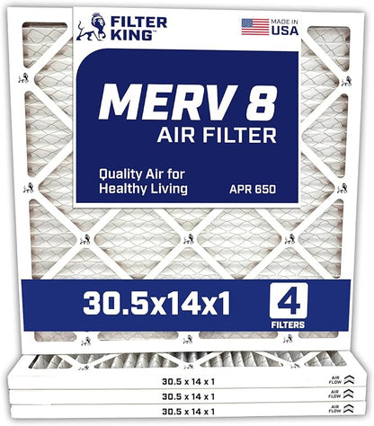 Filter King 30.5x14x1 Air Filter | 4-PACK | MERV 8 HVAC Pleated A/C Furnace Filters | MADE IN USA | Actual Size: 30.5 x 14 x .75″ – FK30.5x14x1A-M8 -4 WholesaleHVACDirect