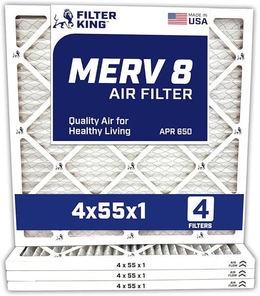 Filter King 4x55x1 Air Filter | 4-PACK | MERV 8 HVAC Pleated A/C Furnace Filters | MADE IN USA | Actual Size: 4 x 55 x .75″ – FK4x55x1A-M8-4 WholesaleHVACDirect