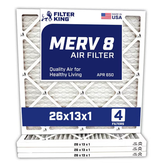 Filter King 26x13x1 Air Filter | 4-PACK | MERV 8 HVAC Pleated A/C Furnace Filters | MADE IN USA | Actual Size: 26 x 13 x .75″ – FK26x13x1A-M8 -4 WholesaleHVACDirect
