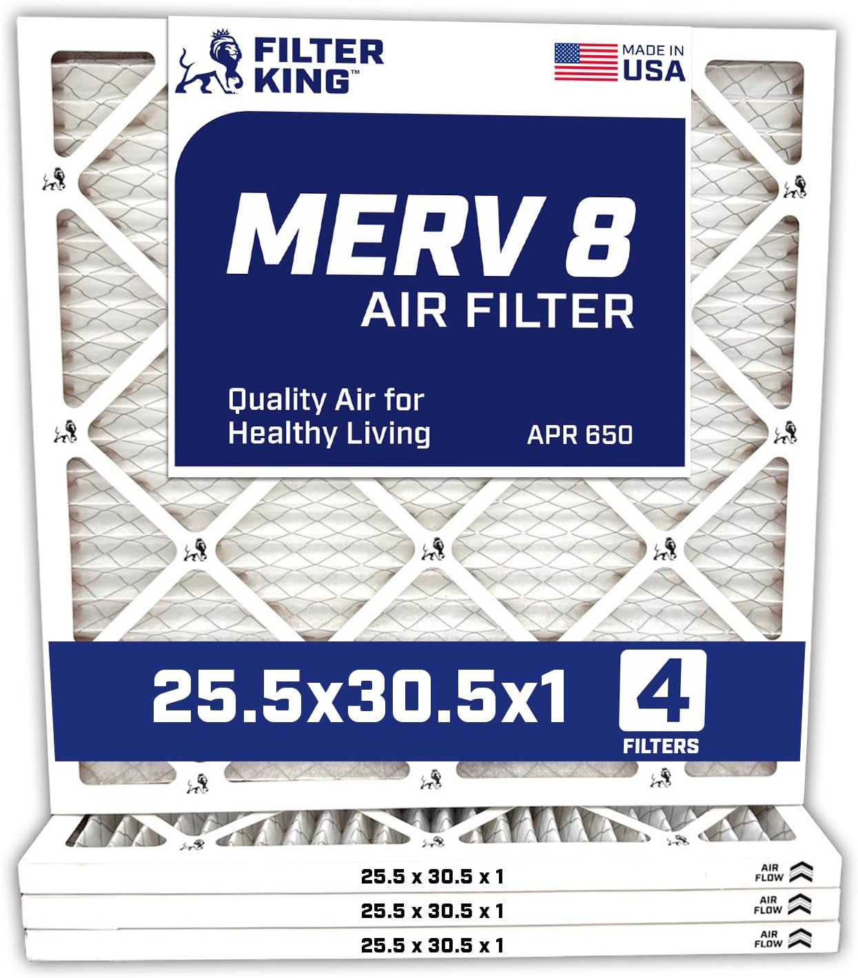Filter King 25.5×30.5×1 Air Filter | 4-PACK | MERV 8 HVAC Pleated A/C Furnace Filters | MADE IN USA | Actual Size: 25.5 x 30.5 x .75″ WholesaleHVACDirect