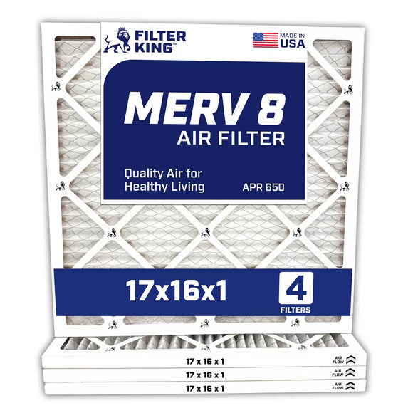 Filter King 17x16x1 Air Filter | 4-PACK | MERV 8 HVAC Pleated A/C Furnace Filters | MADE IN USA | Actual Size: 17 x 16 x .75″ – FK17x16x1A-M8 -4 WholesaleHVACDirect